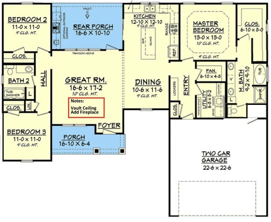 Floor plan of a house with three bedrooms, a kitchen, dining, living room, and two-car garage.