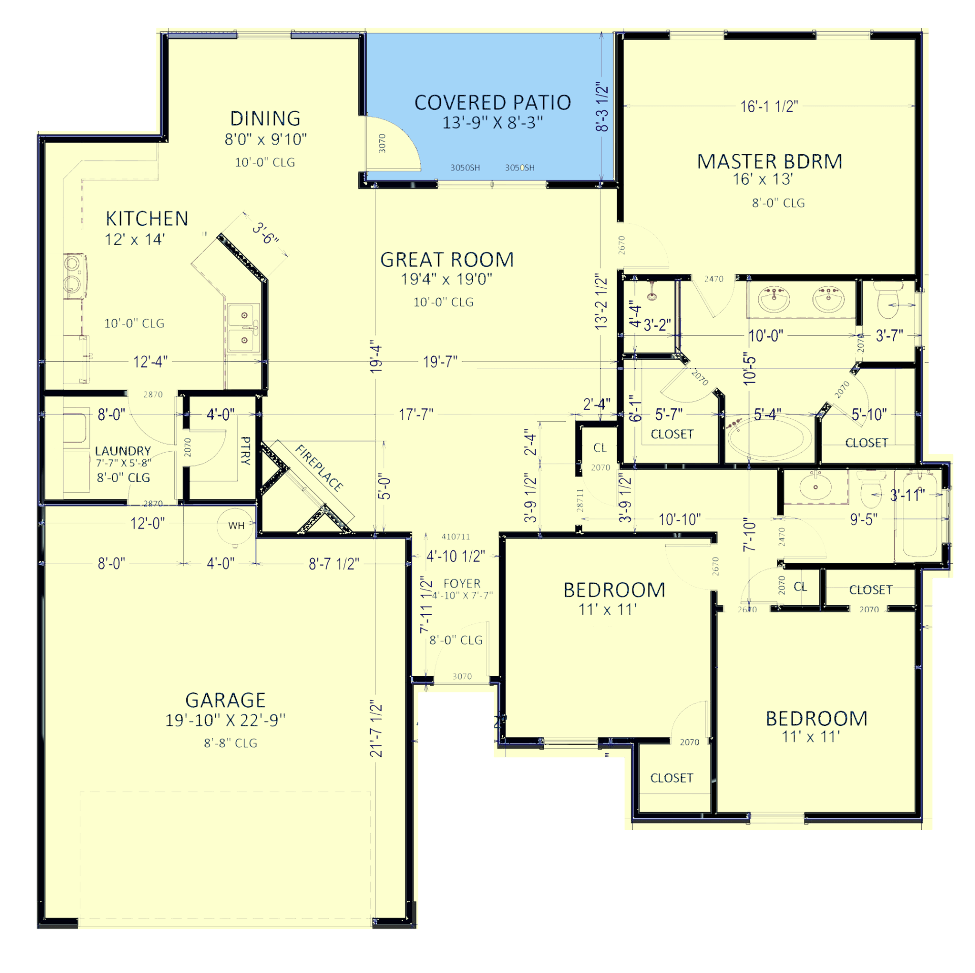 Floor plan of a house with rooms labeled: master bedroom, kitchen, great room, and garage. Blue area marks a covered patio.
