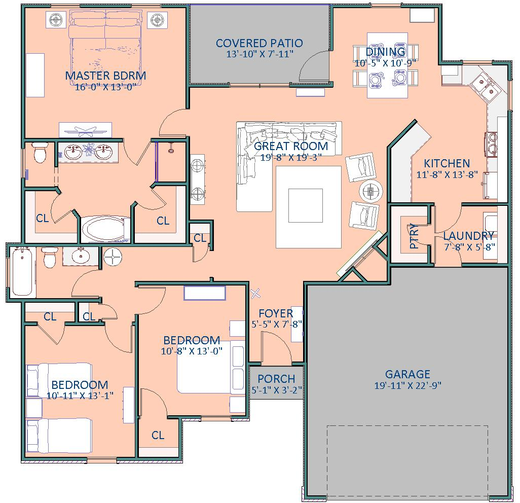 Floor plan of a house, showing rooms in orange, gray, and white with labels like 