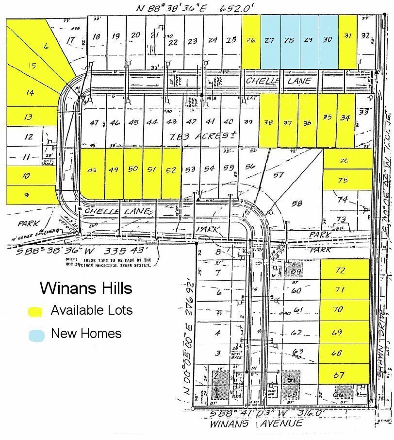 Map of Winans Hills. Yellow: available lots; Blue: new homes. Streets and lot numbers are visible.