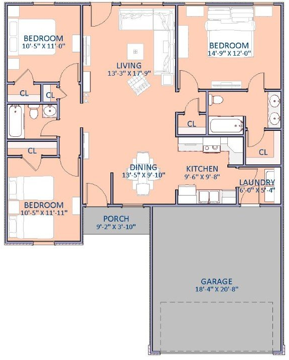 Floor plan of a house with three bedrooms, living areas, kitchen, laundry, garage, and porch.