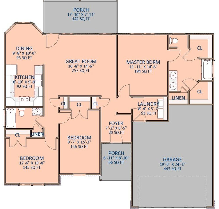Floor plan of a house featuring rooms like a master bedroom, dining, and kitchen. The garage is attached.