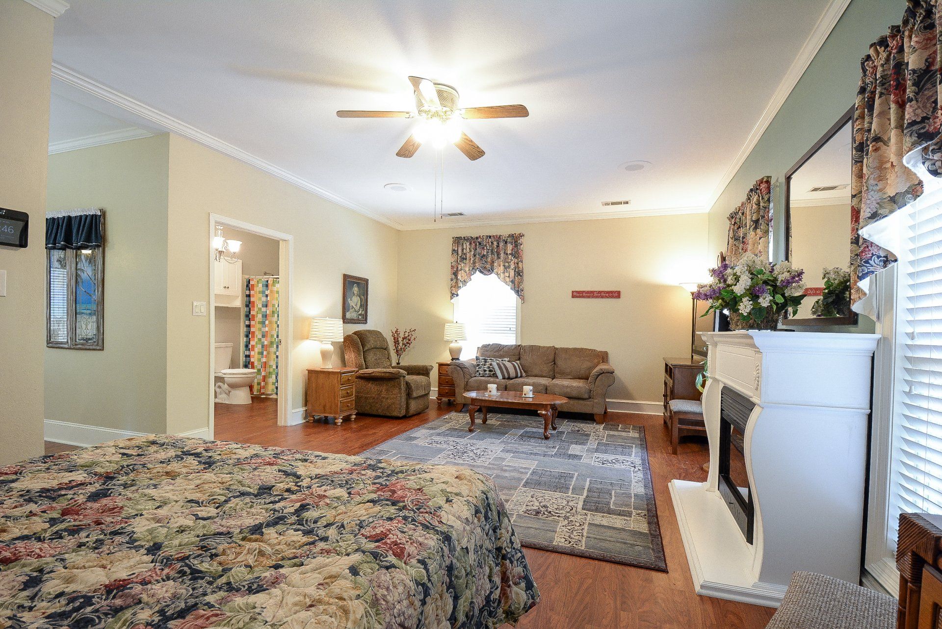 Living room with fireplace, sofa, rug, and bed; bathroom doorway visible.
