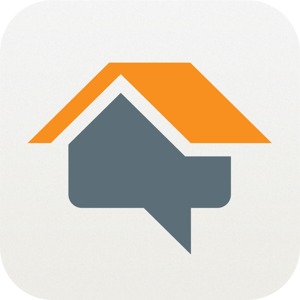 Orange roof over gray house with speech bubble, app icon.
