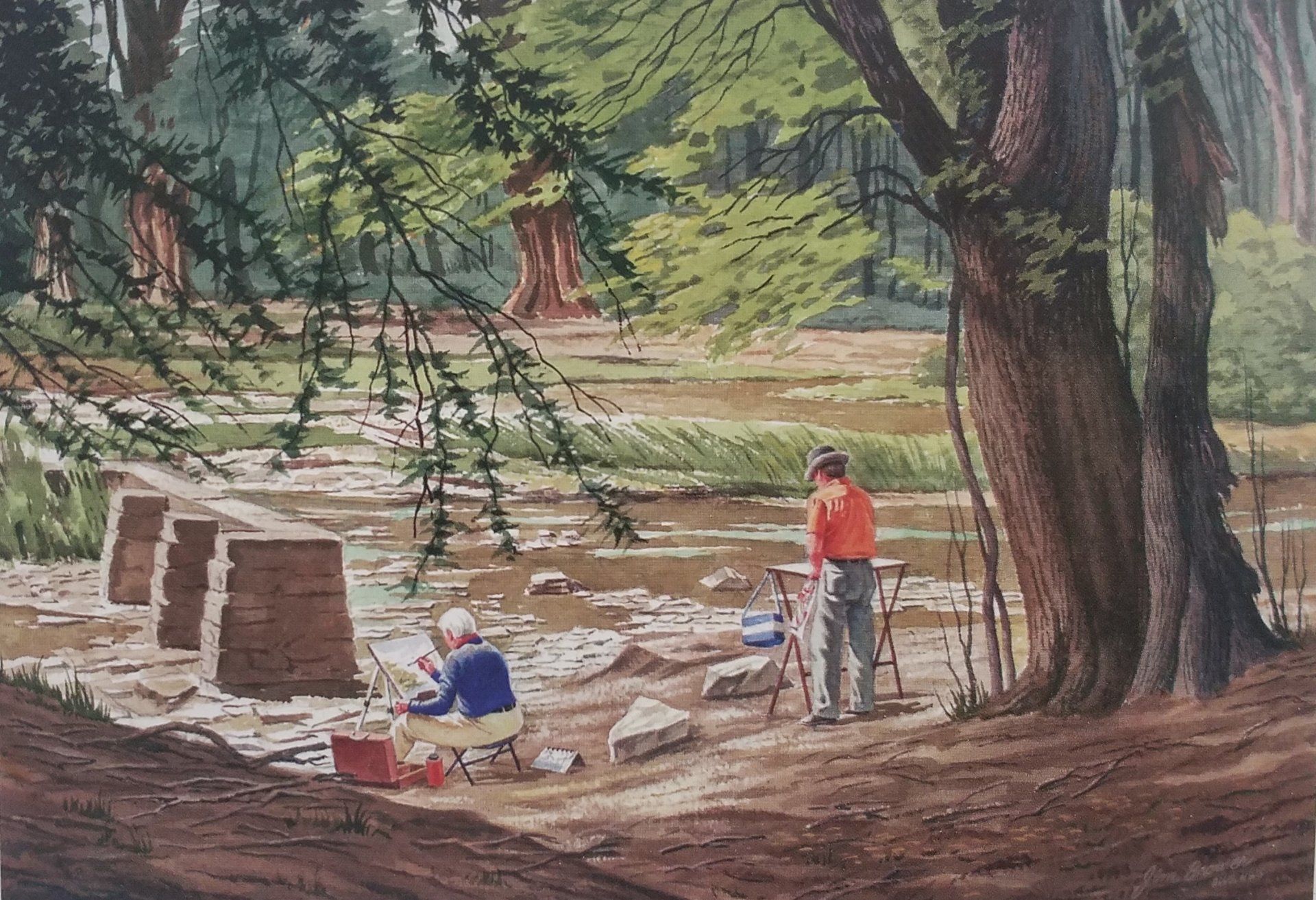 A painting of a man standing next to a river