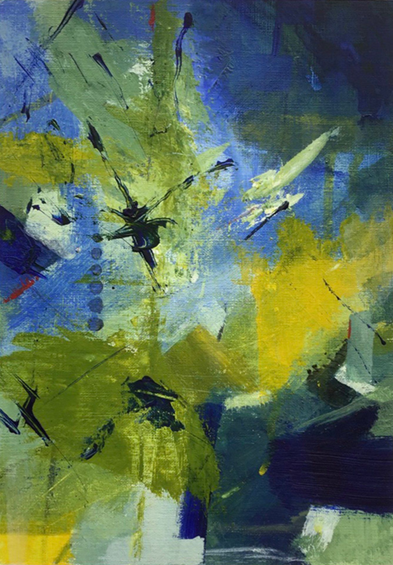 A painting of a blue and yellow background with a lot of brush strokes.
