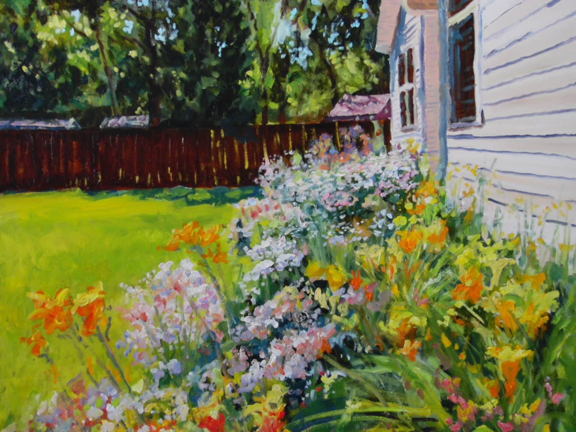 A painting of a garden with flowers and a house in the background