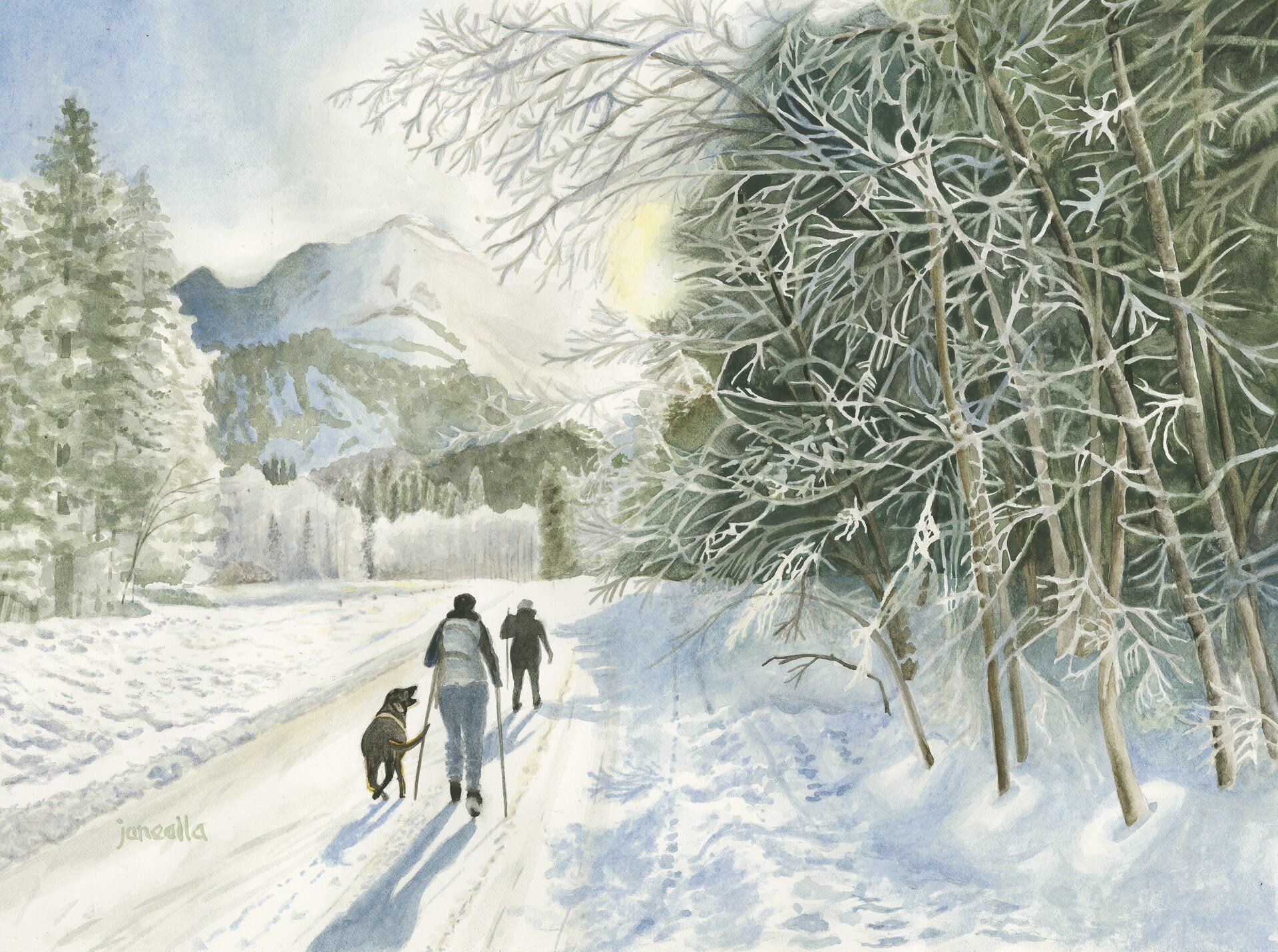 A painting of people and a dog walking in the snow
