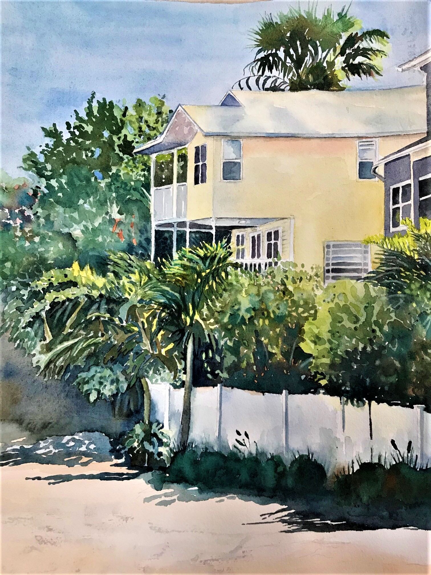 A watercolor painting of a house surrounded by trees and bushes