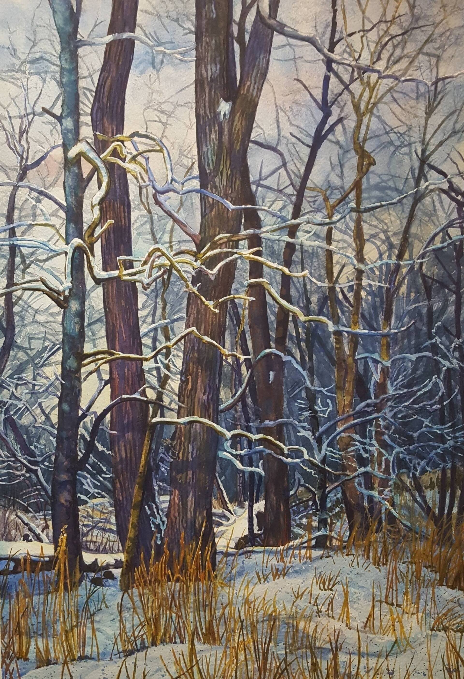 A painting of a snowy forest with trees covered in snow.