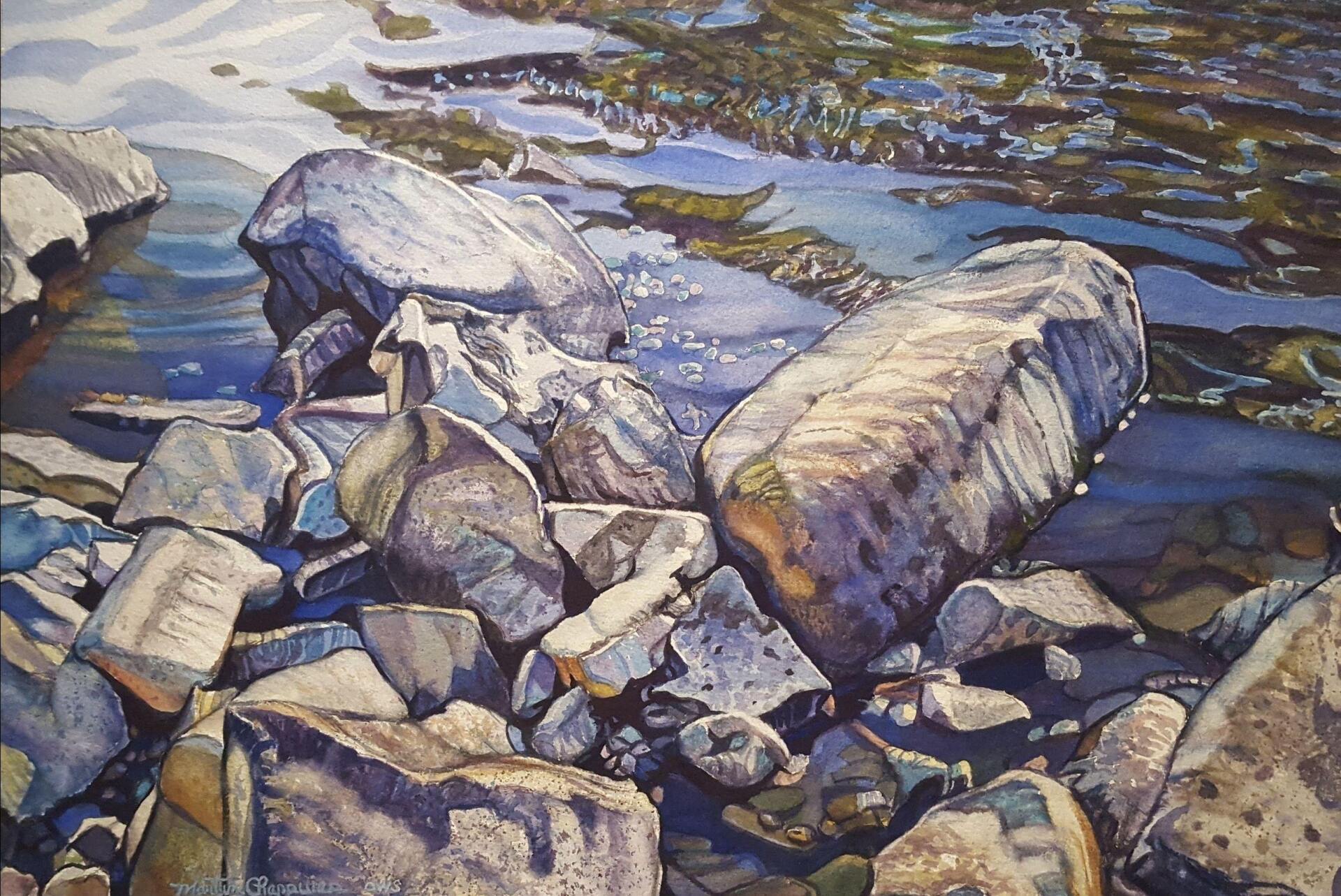 A painting of rocks near a body of water