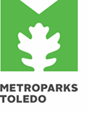 The logo for metroparks toledo has a white oak leaf in a green square.