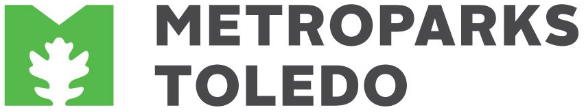 The logo for metroparks toledo has a green leaf on it.