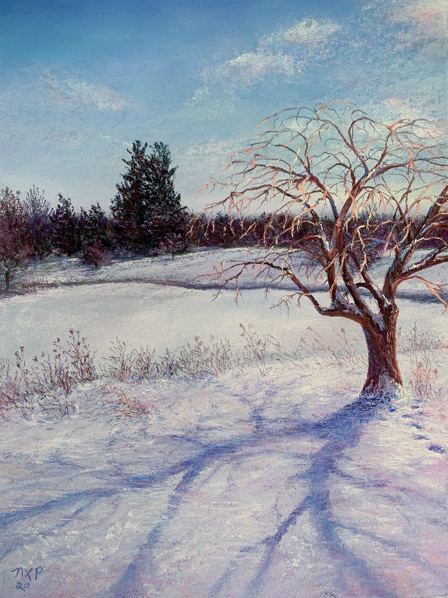 A painting of a tree in the middle of a snowy field.