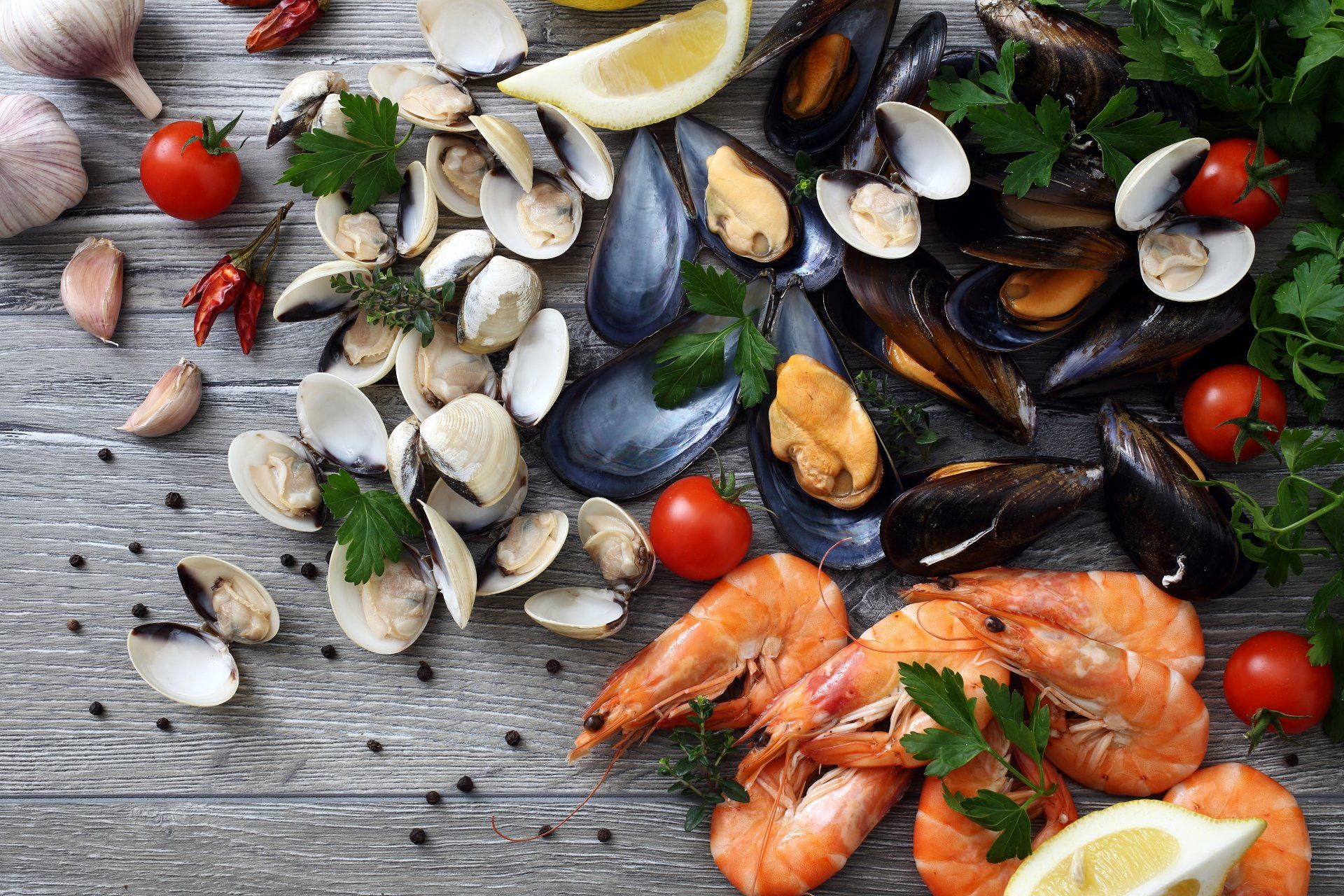 top view fresh seafood clams,mussels and prawns