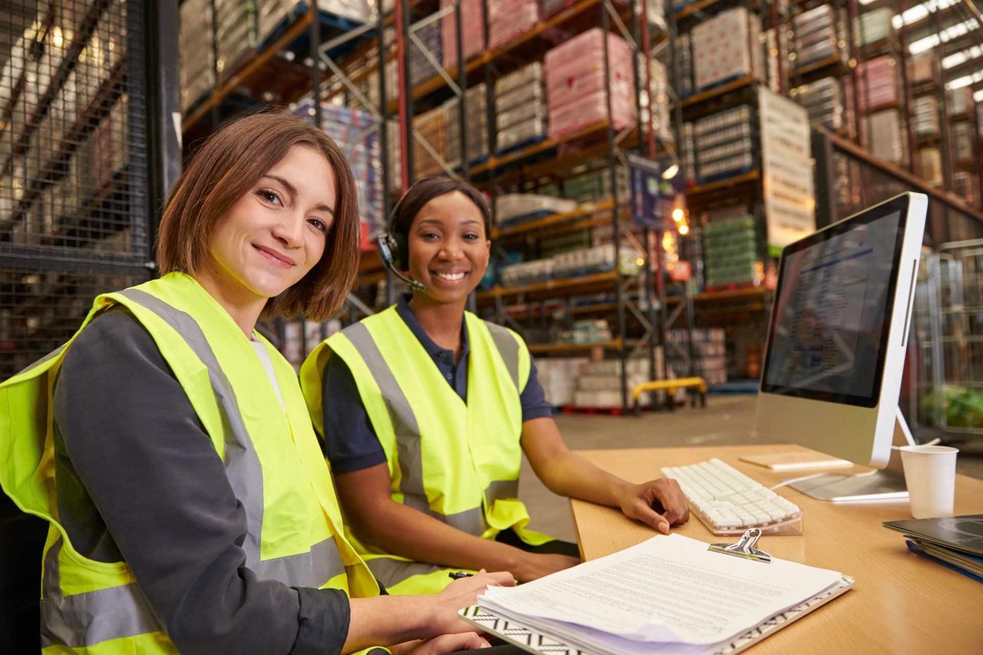 Two women are sitting at a desk in a warehouse working on a computer.