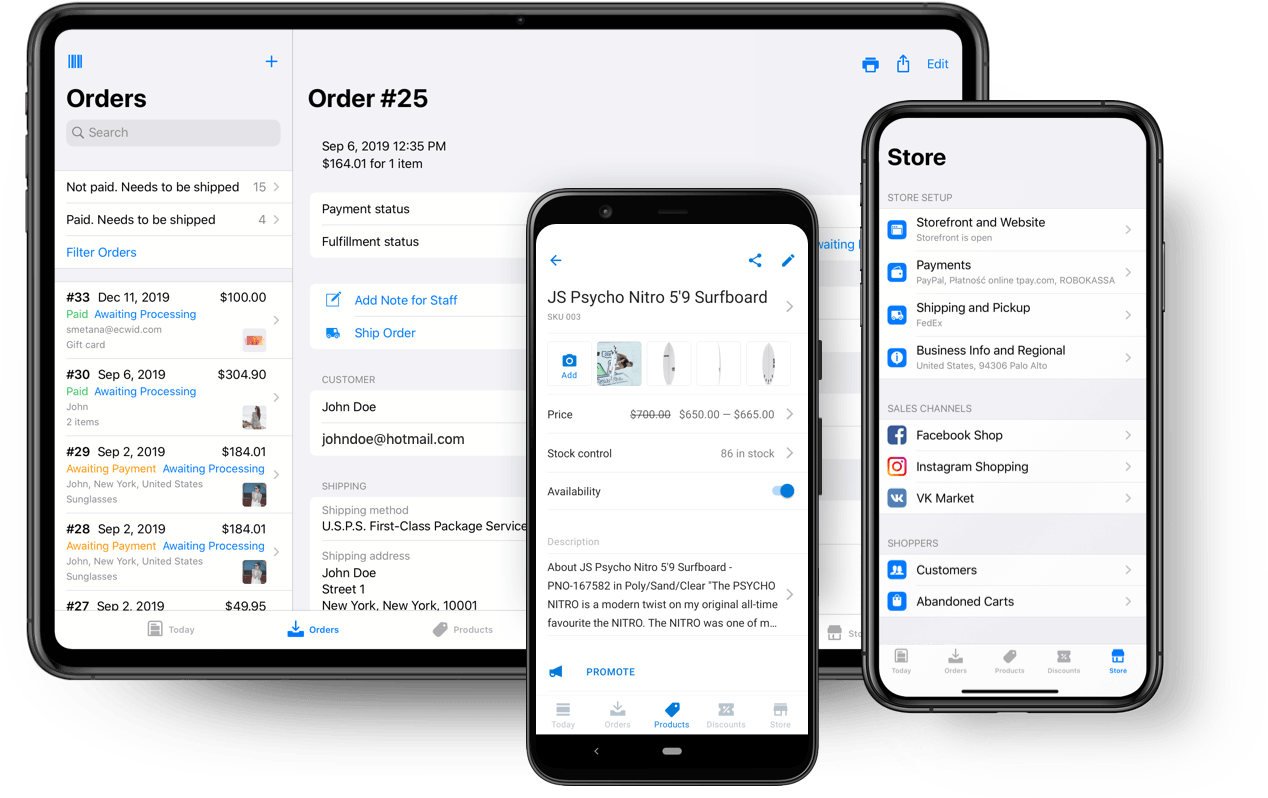 Tablet and two phones displaying a project management app with task lists and order details