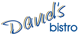 the logo for david 's bistro is blue and gold on a white background .