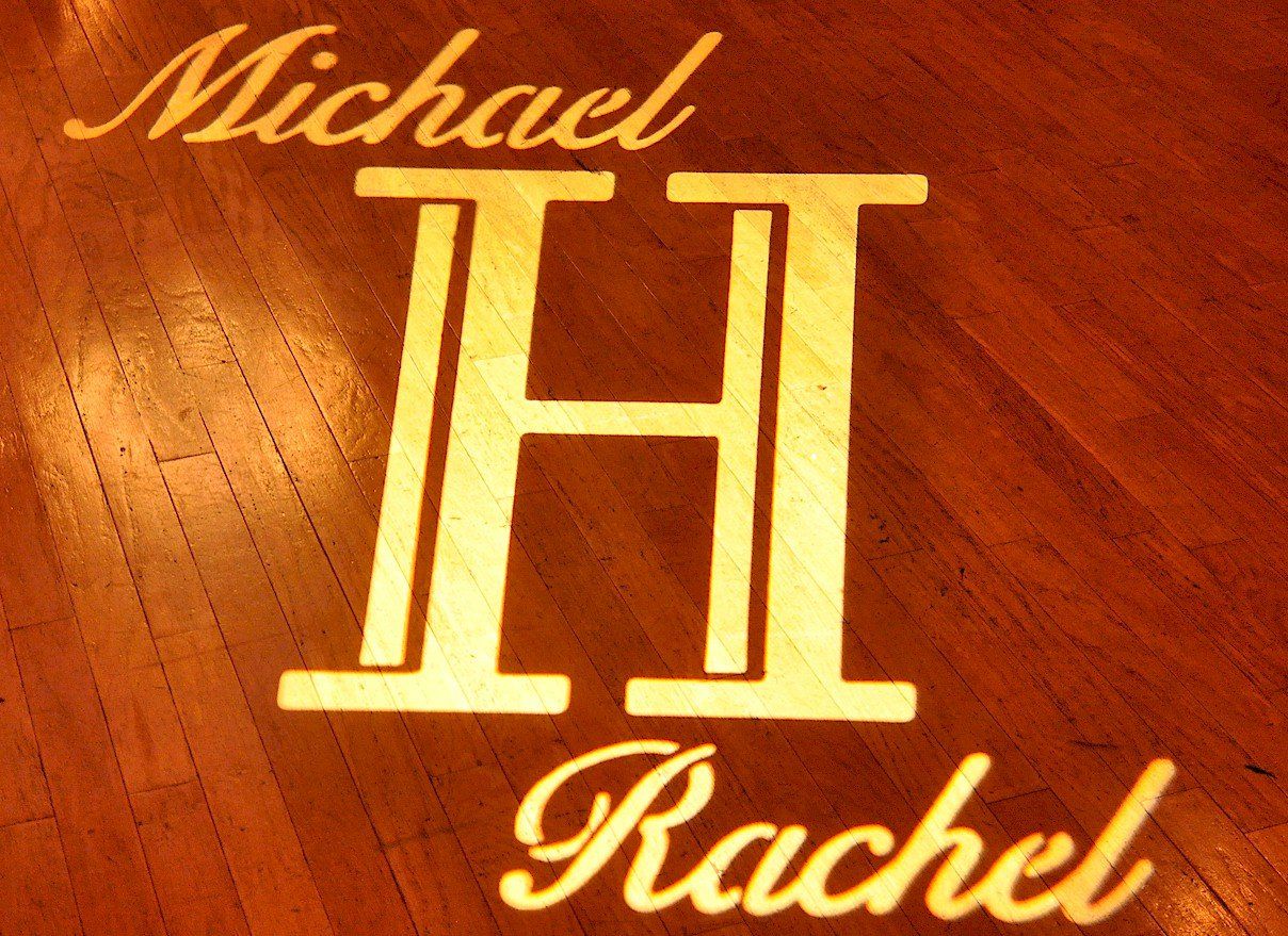 wedding custom gobo monogram projection at Fratellos Italian Grille, Manchester, New Hampshire