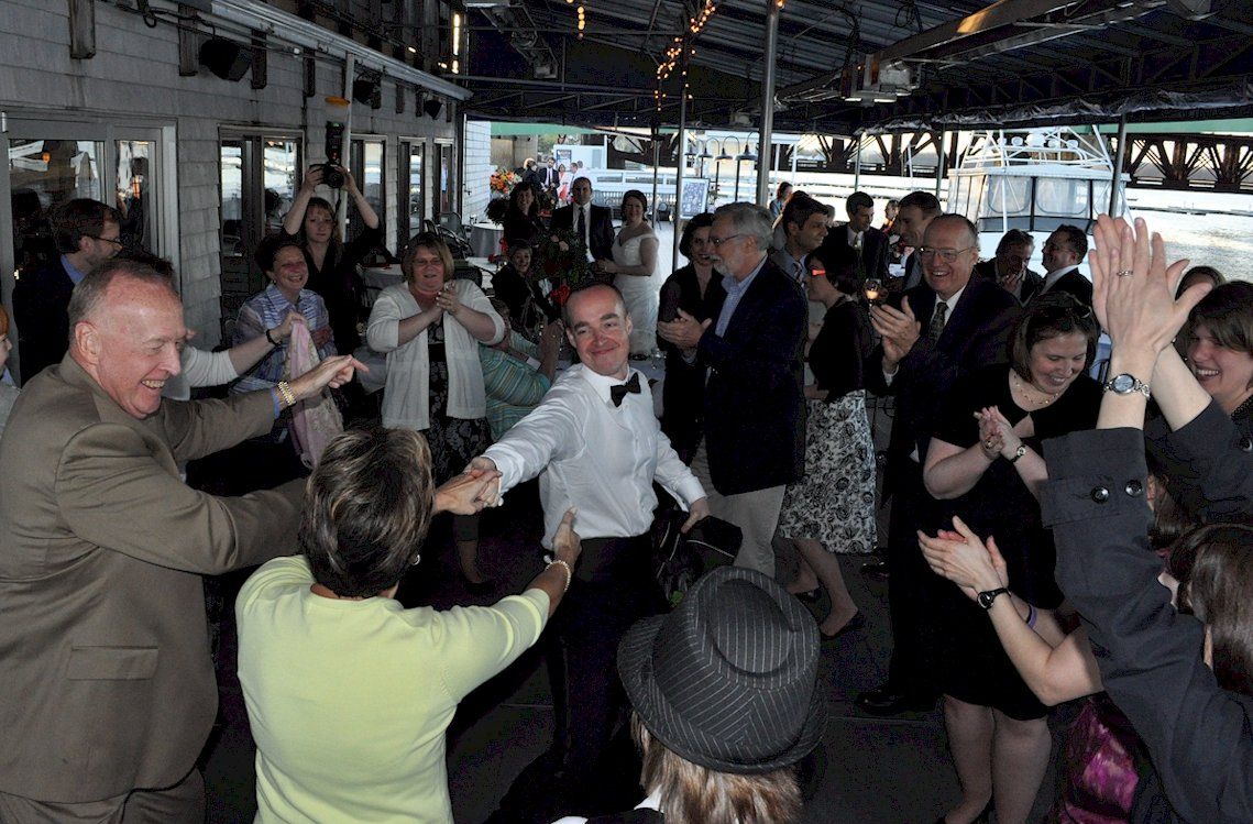wedding guests DJ dancing at Michael's Harborside Restaurant, Newburyport, Massachusetts