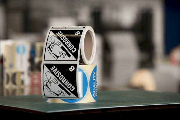Reel of printed labels, partly unravelled showing the Corrosive warning pictogram
