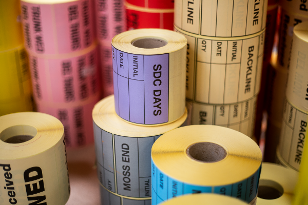 A number of reels of different packing and distribution labels shown stacked next to each other on a bench