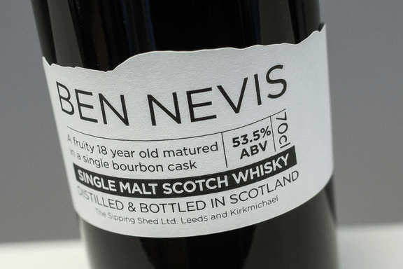 A label for Ben Nevis Single Malt Scotch Whisky being shown on the finished product / bottle