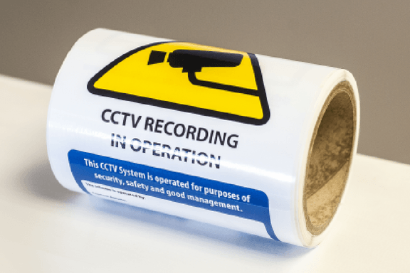 A reel of 'CCTV Recording in Operation' labels laid on its side on a bench