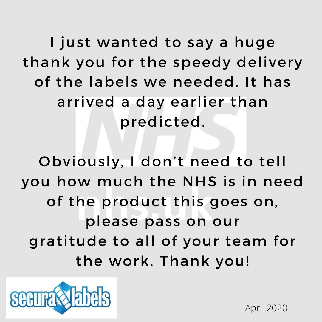 Testimonial for Secura Labels stating '...thank you for the speedy delivery...arrived a day earlier than predicted...'