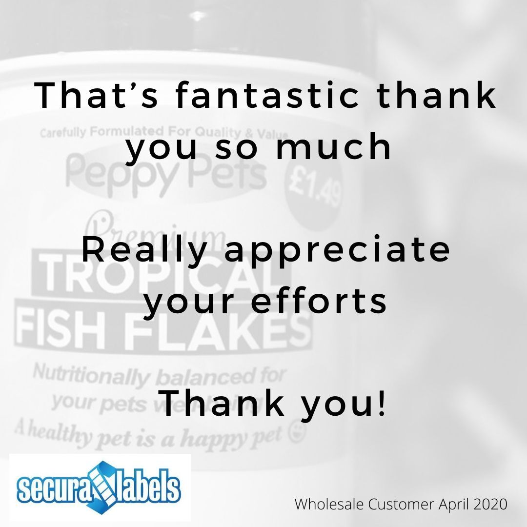 Testimonial for Secura Labels stating '...thank you so much. Really appreciate your efforts...'