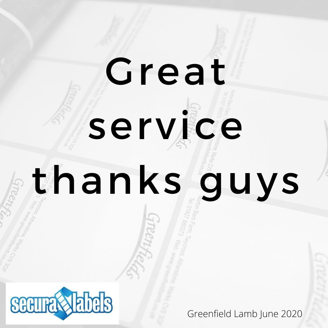 Testimonial for Secura Labels saying 'Great service. Thanks guys'.