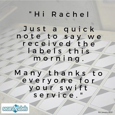 Testimonial for Secura Labels stating '...Many thanks to everyone...'
