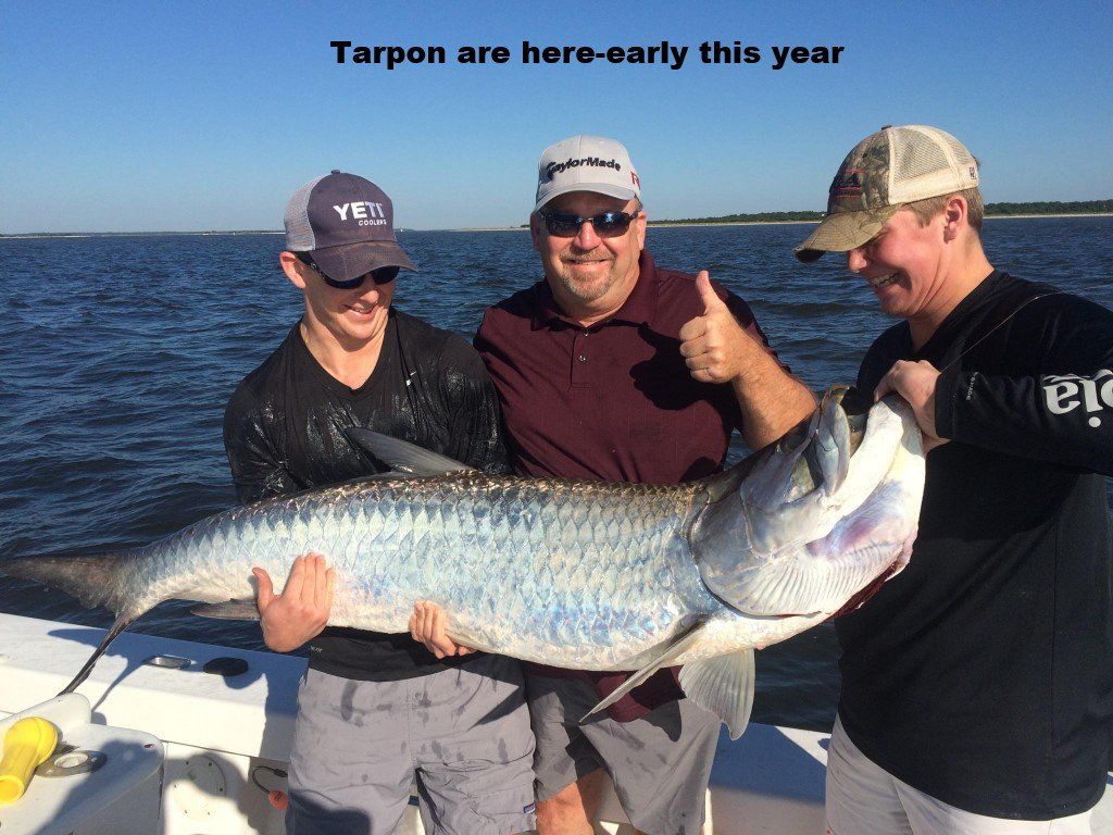 Three men on a boat hold a large tarpon. One man gives a thumbs-up. Blue water and sky.