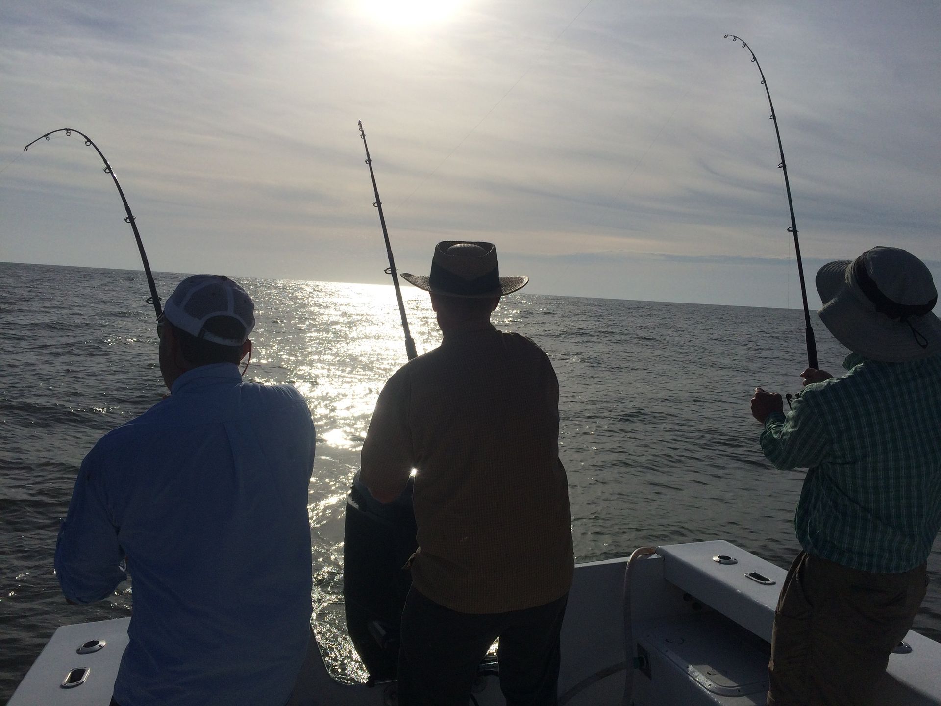 Three people fishing on a boat, rods bent with fish. Sunlight glints off the water.