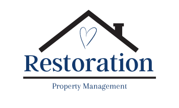 The logo for restoration property management shows a house with a heart on the roof.