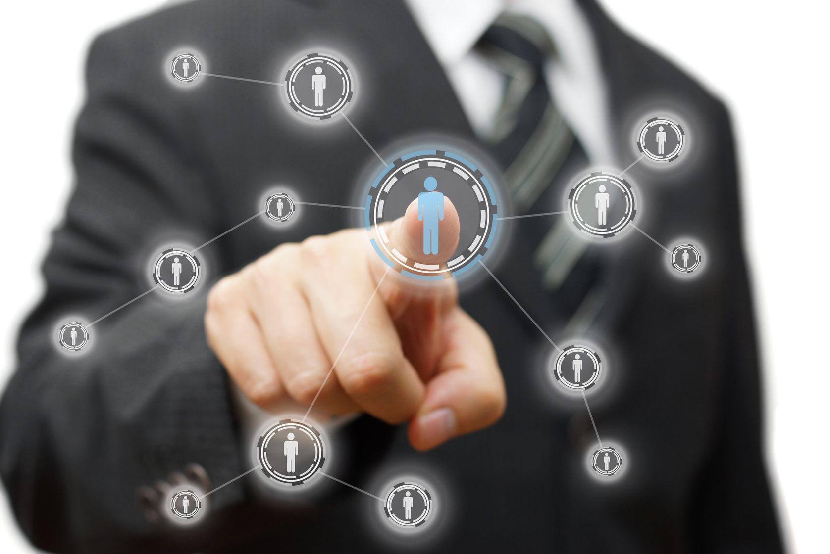 A suited man pointing at a node on a network of human icons.