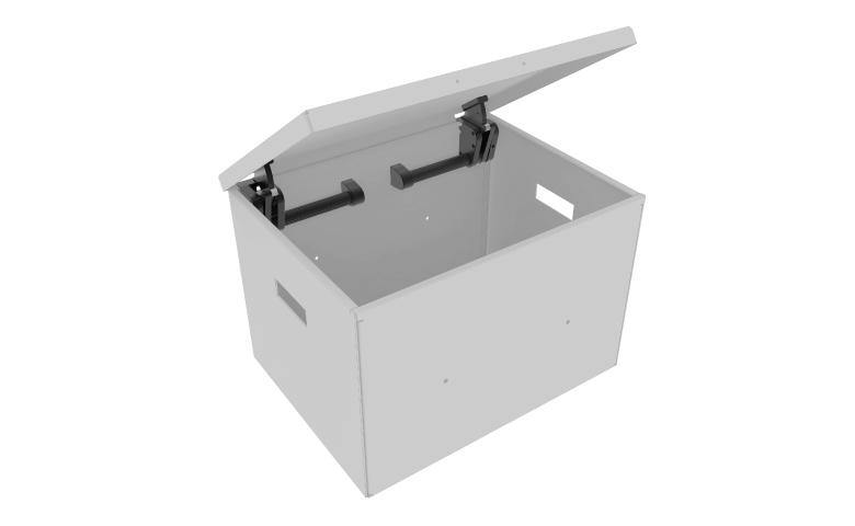 A 3D render of a small box with a hinged top