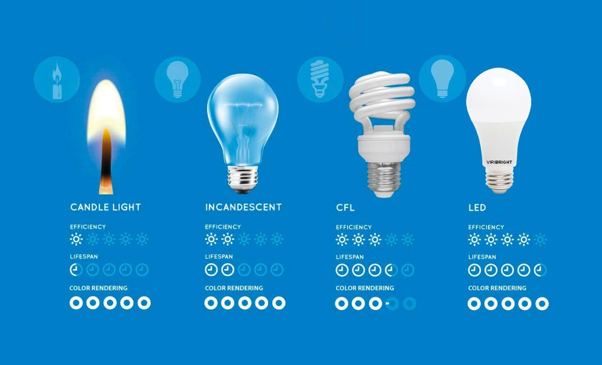 Four different types of light bulbs are shown on a blue background