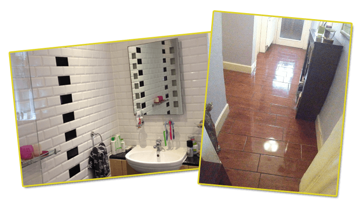 White tiled bathroom, beige tiled bathroom with white sink and bathtub