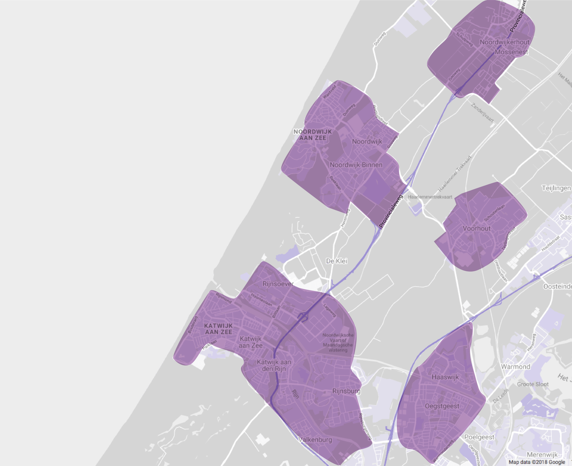 Katwijk, Rijnsburg, Valkenburg, Oegstgeest, Noordwijk, Noordwijkerhout, Voorhout