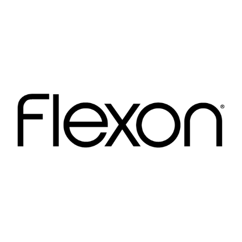 A black and white logo for flexon on a white background.