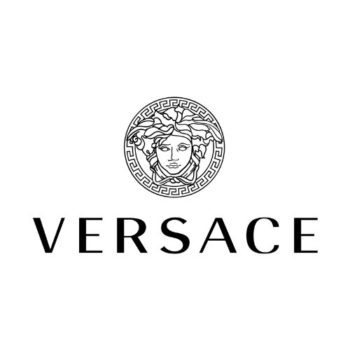 A black and white logo for versace with a woman 's head in a circle.