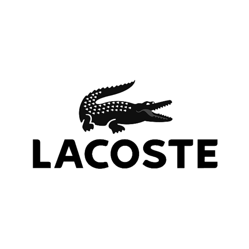 A black and white logo for lacoste with a crocodile on it.