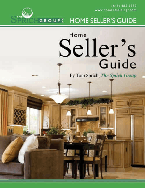 A home seller 's guide shows a living room and kitchen