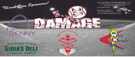 Banner for DAM-AGE with sponsor logos and a wrestling-style graphic on a gray background