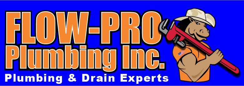 Logo for Flow-Pro Plumbing Inc. showing the company name in orange, and a cartoon character holding a large red wrench.