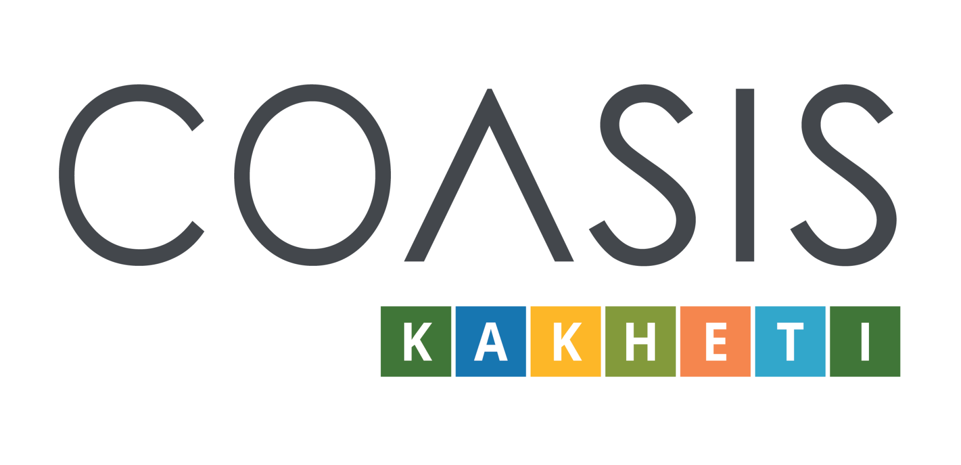 Logo for COASIS Kakheti, with colorful squares and gray text.