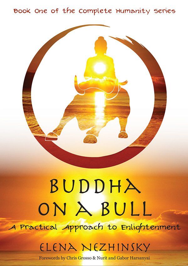 Book cover: Buddha on a bull silhouette with golden sun and ocean background. Title text: