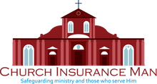 The logo for church insurance man shows a church with a cross on top
