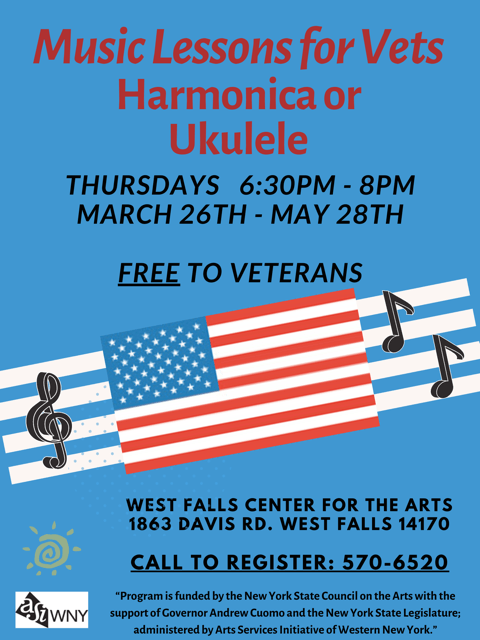 Flyer: Music lessons for veterans, harmonica or ukulele, Thursdays 6:30-8 PM